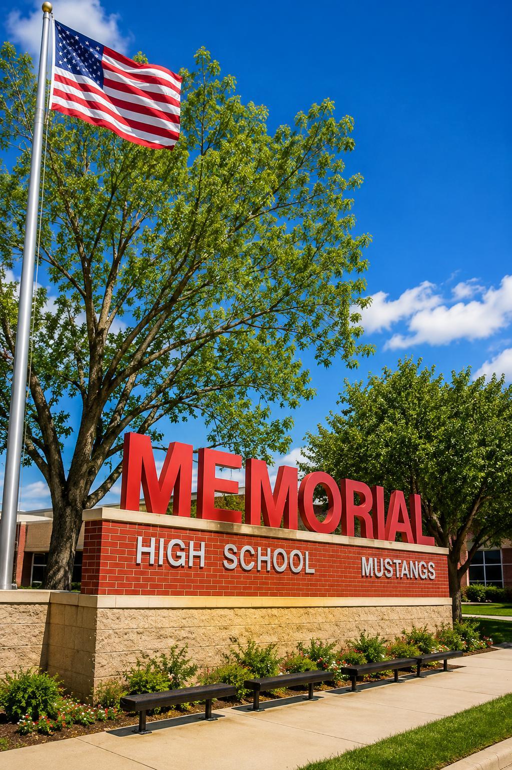 Memorial High School sign and American flag in Houston